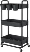 JIUYOTREE Rollwagen mit 3 Ebenen, Kunststoff, mit extra hängenden Bechern, Griffen, abschließbare Räder, für Wohnzimmer, Badezimmer, Küche, Büro, Schwarz