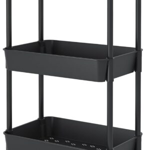 JIUYOTREE Rollwagen mit 3 Ebenen, Kunststoff, mit extra hängenden Bechern, Griffen, abschließbare Räder, für Wohnzimmer, Badezimmer, Küche, Büro, Schwarz