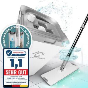 Swoopstop S1 Wischmopp Set mit Eimer – 3-Kammer Eimer für Wischer Boden – Bodenwischer Set für alle Bodenarten – Mop Set mit bis zu 1,90m Teleskopstiel – Putzeimer mit Wischmop & 4X Mikrofaser Pads