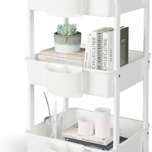 HBTower Küchenwagen 3 Etagen, Servierwagen Utility Cart mit Rollen, Wagen mit 3 Rollregal, Mehrzweckwagen für Küche Make-up Badezimmer Büro, Weiß