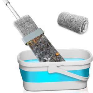 Hometimestore Wischmopp mit faltbarem Eimer Bodenwischer mit Auswringfunktion, Mikrofaser Flachmopp Komplett Set für alle Hartböden