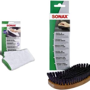SONAX Microfasertuch für Polster, Textil und Leder zur fusselfreien Fahrzeuginnenreinigung (40×40 cm), bei 60°C waschbar | Art-Nr. 04168000 + 416741 Textil-& Lederbürste