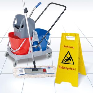 Komplett-Set 8-teilig, Reinigungswagen mit 2 Eimern 17 Liter, Mopppresse, Alu-Teleskopstiel, Mopp-Halter, Profi-Wischmopp, Warnschild