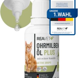 ReaVET Ohrmilbenöl Plus 25ml sofort wirksames Mittel für Katzen – gegen Ohrmilben mit Kamille für Katze, Sanfte Pflege bei Juckreiz im Ohr, Ohrentropfen Milben, Ohrenreiniger