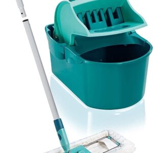 Leifheit Set Wischtuchpresse Profi Compact mit Bodenwischer und 3-teiligem Stiel, wie handgewrungen auspressbar, platzsparendes Wischset mit Mikrofaser Wischbezug für Fliesen und Laminat, Click-System