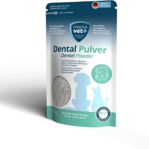 Marsavet Dental Pulver – Zahnpflegemittel für Hunde, Katzen, Nagetiere mit Insektenprotein. Zahnreinigung ohne Stress, Hundezahnbürste und Zahnpasta. Beseitigt Zahnstein, Zahnbelag, Maulgeruch – 125 g