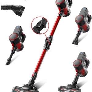 Cyansharp Akku Staubsauger, 6-in-1 Staubsauger Kabellos bis zu 35Min Laufzeit, Leicht Staubsauger mit Bürstenloser Motor/Anti-Tangle-Bürste, für Teppich, Hartboden und Tierhaare (Rot)