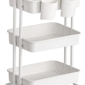 SONGMICS Rollwagen, 3 Ebenen, Servierwagen, Küchenwagen mit Griff, 2 kleine Einhängefächer, 2 Bremsen, Ablagefächer aus Kunststoff, einfacher Aufbau, Schlafzimmer, Waschküche, weiß BSC067W01