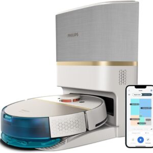 PHILIPS Homerun Serie 7000 Saug-Wischroboter mit Saugstation, 5000 Pa, 360° LiDAR-Navigation, Erkennung Kleiner Hindernisse, 180Min Laufzeit, 185m², App, für Teppiche und Tierhaare, Weiß, XU7100/02