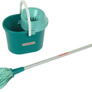 Theo Klein Leifheit Wischmop-Set, 3-teilig I Inkl. Flachwischer mit abnehmbarem Wischaufsatz I Eimer mit Auswringhilfe I Maße: 14 cm x 50 cm x 14 cm I Spielzeug für Kinder ab 3 Jahren