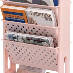 DOEWORKS Bücherregal Rollen Bücherwagen Kleines Bastelwagen Rollwagen Schmal Aufbewahrungswagen mit Rollen, 5 Ebenen Bücherregal Standregal für Wohnzimmer Küche Bibliothek Schlafzimmer Büro, Rosa