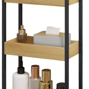 EUGAD Rollwagen, Küchenwagen, mit 3 Ablagen, Arbeitsplatte, Servierwagen schmal, Nischenregal mit Rollen, Nischenwagen, Badregal, platzsparend, 15x82x40 cm, schwarz helle Eiche