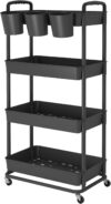 JIUYOTREE Rollwagen aus Kunststoff, 4-stöckig, mit extra hängenden Tassen, Griffen, feststellbare Räder für Wohnzimmer, Badezimmer, Küche, Büro, Schwarz