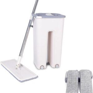 Flach Mopp mit Eimer Set – Bodenwischer mit 10 Mikrofaser Wischpads,Wischmop mit Putzeimer Set mit auswringfunktion und Eimersystem für Bodenreinigungs (Wischmop mit Putzeimer)