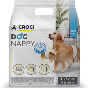 Croci Hundewindel – Hundewindeln für Rüden – Hundeunterhose zum Pinkeln – Hygiene Wickelwindel für Rüden, geruchshemmend, Einweg, 12 Stück, Größe L, 50-60 cm