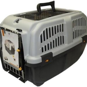 Aimé | Transportbox Katze und Hund | Hunde und Katzenkorb Transport | Transportbox mit seitlichen Belüftungen, Metallgitter und Sicherheitsverschluss | Farbe Grau, Maße 56x36x35 cm