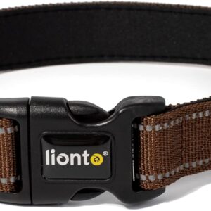lionto Hundehalsband aus strapazierfähigem Nylon, Größe S, weiches gepolstertes Halsband für Hunde, 360° reflektierend & Klickverschluss, Metallring & Anpassung durch stufenlosen Schieber, braun