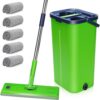 MASTERTOP 2in1 Wischmopp Set mit Eimer & Auswringfunktion | Flachkopf-Bodenwischer mit 5X Mikrofaser-Pads | Edelstahl-Langgriff für Fliesen, Laminat, Parkett, Hartböden | Grünes Premium-Reinigungsset