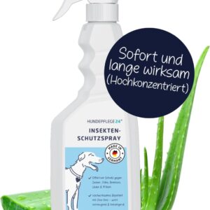 Hundepflege24 Zeckenspray für Hunde – Hochwirksamer Floh und Zeckenschutz für Hunde und Katzen mit Geraniol und Aloe Vera – Insektenschutz gegen Zecken, Flöhe, Milben, Läuse, Mücken – 500ml