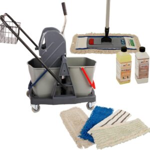 Wischmop Komplettset 10 teilig mit Wischerset 40cm und Doppelfahrwagen Reinigungswagen 17 Liter Kunststoff und Ersatzmöppe und 2 x Profi Reinigungsmittel Axis Line