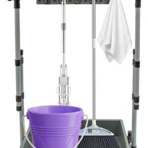 Besenhalter Und Mopphalter, Putzwagen Mit 10 Mop-Löchern, 12 klappbare Haken, 4 Universalrädern Und 1 Wassertank, Tragfähigkeit 100kg, Einstellbare Höhe 75-125cm, Freistehend Besenhalterung