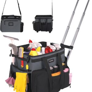JKAOO Große Reinigungs-Caddy-Tasche mit abnehmbarem Trolley, wasserdichter Reinigungs-Caddy auf Rädern für Haushälterinnen, Reinigungswagen, Organizer für Zuhause, Auto, Büro, Picknick (grau)