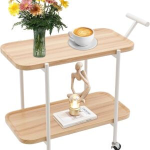 XUEMANSHOP Servierwagen, 2 Schicht Regal mit 4 Rollen (2 mit Bremsen), Tragfähigkeit 20-40kg, 60x30x68 cm Putzwagen Friseurwagen Bastelwagen, für Büros, Schlafzimmern, Küchen (Original Holzfarbe)