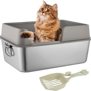 Edelstahl Katzenklo, Katzenklo Edelstahl XXL, Offenes Katzentoilette Edelstahl mit Tragegriff und Schaufel, 50x35x25cm Spritzwassergeschütztes Großes Litter Box für Katzen Und Häschen (Grau)