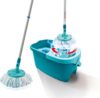 Leifheit Set CLEAN TWIST Disc Mop Ergo 2.0, Bodenwischer mit Mikrofaser Bezug für nebelfeuchte Reinigung auf Fliesen und Laminat, Wischmopp mit Click-System und Schleudertechnologie