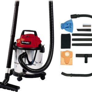 Einhell TC-VC 1812 S Nass-Trockensauger (1.250 W Leistung, 36mm Schlauchsystem, 12 l Edelstahlbehälter, Schaumstofffilter, umfangr. Düsenzubehör), Rot, Schwarz, Weiss