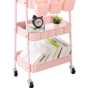 danpinera Rollwagen mit 3 Ebenen, Rollwagen aus Metall, Rollwagen mit feststellbaren Rädern & hängenden Bechern & Haken, mobiler Rollwagen für Küche, Bad, Büro, Werkstatt, Rosa