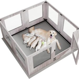 BingoPaw Wurfkiste für Hunde Welpenauslauf: Schwerlast Hundelaufstall für Wohnung aus Gehärtetem Glas, Welpenlaufstall 60 cm hoch, Holz Welpenbox XXL mit wasserdichte Bodenmatte 120x118x60 cm