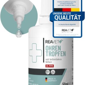 ReaVET Ohrentropfen mit kolloidalem Silber 50ml I Für Hunde und Katzen I SEHR GUT bei Ohrentzündungen, Juckreiz, Keime, Pilze und Bakterien, Ohrenpflege, Ohrenhygiene, Gesunde Ohren