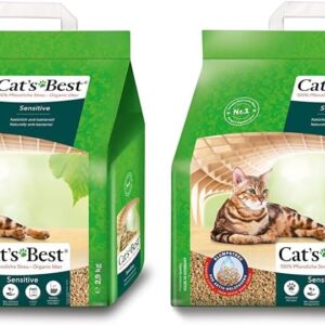 Cat’s Best Sensitive, 100% pflanzliche Katzenstreu, fest klumpend und antibakteriell aus veredelten Aktiv-Holzfasern – speziell für empfindliche Katzen, 2,9 kg/8 l (Packung mit 2)