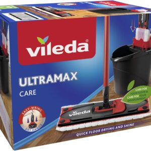 Vileda Ultramax Care Komplett Set, Bodenwischer Wischmopp mit Stiel | Eimer mit PowerPresse | Für empfindliche Böden | 100% recycelte Mikrofaser* | Schnell getrockneter Boden