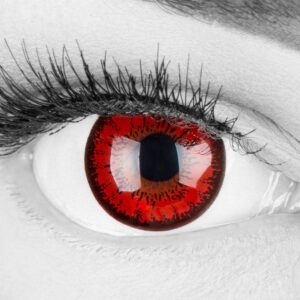 Rote Crazy Fun Kontaktlinsen ‚Red Flower‘ ohne Stärke mit gratis Linsenbehälter – Topqualität zu Fasching, Karneval und Halloween