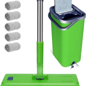 Masthome Wischmopp Set mit Eimer,138CM Wischmopp mit Auswringfunktion, Putzeimer mit Wischmop aus Edelstahl Griff und 5 Mikrofaser Pads,Flacher Bodenwischer Set alle Arten von Böden-Grüner