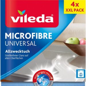 Vileda Allzwecktuch Universal, zu 100% aus Mikrofasern, streifenfreier Glanz, für empfindliche Oberflächen, 38 x 36 cm, 4er Pack
