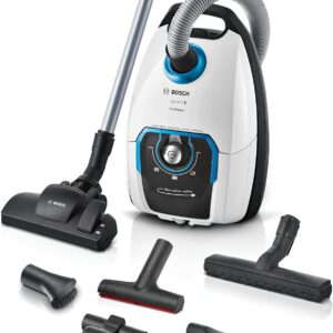 Bosch Staubsauger mit Beutel ProSilence Serie 8 BGB75XSIL, Bodenstaubsauger, ideal für Allergiker, Hygiene-Filter, 10 Jahre Motorgarantie, Hartbodendüse, langes Kabel, Made in Germany, 650 W, weiß