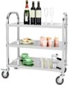 QWORK® 3-Etagen Edelstahl Servierwagen Teewagen Reinigungswagen mit Vibrationsarmen Bremse Lenkrollen für Küche, Hotel, Restaurant (75 x 40 x 83,5 cm)