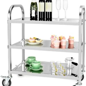 QWORK® 3-Etagen Edelstahl Servierwagen Teewagen Reinigungswagen mit Vibrationsarmen Bremse Lenkrollen für Küche, Hotel, Restaurant (75 x 40 x 83,5 cm)