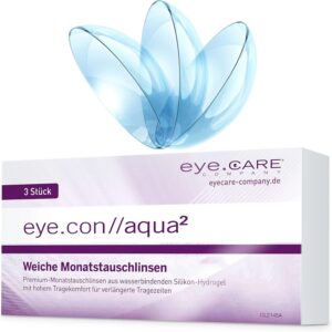 Eye.Con Aqua weiche Monatslinsen – mit UV-Schutz – 3er Box Sillikon Hydrogel Kontaktlinsen mit Stärke für empfindliche Augen. Contact Lenses mit 55% Wassergehalt BC 8.4mm, DIA 14.2mm, -2,75D