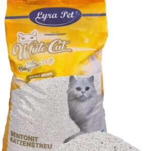 Lyra Pet® | 15 Liter White Cat Katzenstreu + 2 Spielmäuse | Mit Babypuder Duft | Feines Klumpstreu | 350% Saugkraft | Naturprodukt aus Bentonit | Saubere Wohnung | Neutralisiert Gerüche | Staubarm