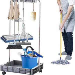 Rollbarer Reinigungswagen,Reinigungswagen auf Rädern – Haushaltswagen mit großer Kapazität,Besen-Organizer, Aufbewahrungswerkzeuge für Haushaltsstationen für Krankenhäuser, Fabriken, Hotels, Immobilie