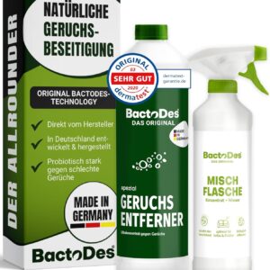 BactoDes Spezial 1L. Geruchsvernichter – Allround Geruchskiller und Geruchsentferner beseitigt ua.sowohl Uringeruch, Erbrochenes, als auch Tiergeruch, Hundegeruch, Katzenurin usw. dauerhaft aus Estrich, Fliesen und Polster – Konzentrat zum Verdünnen, incl. Misch/Sprühflasche