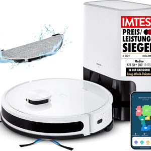 MEDION Saugroboter mit Absaugstation und Wischfunktion X20 SW+ (Lasernavigation, Starke 3000Pa Saugkraft, 2in1 Roboterstaubsauger, präzise Kartenerstellung, Go & No Go Bereiche, mehrere Etagen)