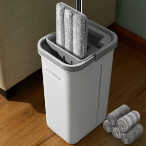 JOYMOOP Mop und Eimer mit Wringer Set, Hands Free Flat Floor Mop und Eimer, mit 5 waschbaren Mikrofaserpads, Nass- und Trockeneinsatz, Bodenreinigungssystem