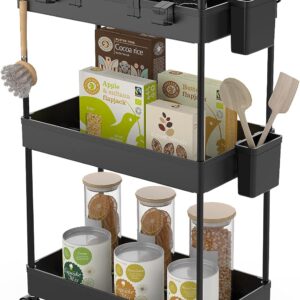 Ronlap Rollwagen Küchewagen mit 3 Ebenen, Servierwagen mit Aufhängebecher, Separator, Haken, Regal auf Rollen für Küche, Schlafzimmer, Büro, Schwarz