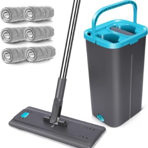 MASTERTOP Wischmopp Set mit Eimer, 2 in1 Bodenwischer mit Auswringfunktion für Nass-Trockennutzung, 141cm Flach Mopp Wischmop Set mit 6 Mikrofaser Pads für Alle Hartböden, Blau