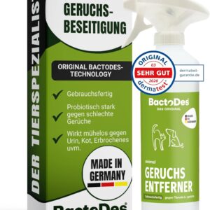 BactoDes – Animal Geruchsneutralisierer 1 L in gebrauchsfertiger Sprayflasche – Starker Enzymreiniger Katzenurin, Hundeurin & Tiergerüche – Effektiver Geruchsentferner mit Bio Mikroben-Wirkung